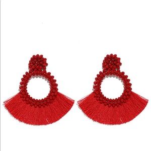 Red Tassel Earrings with Bead Details